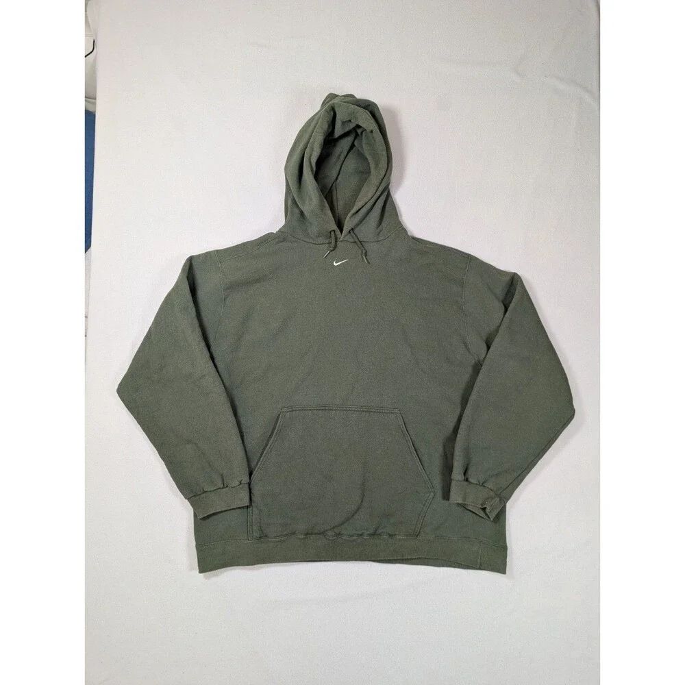 Vintage 90s Nike Center Swoosh Hoodie Olive Green XXL 2XL White Logo Streetwear